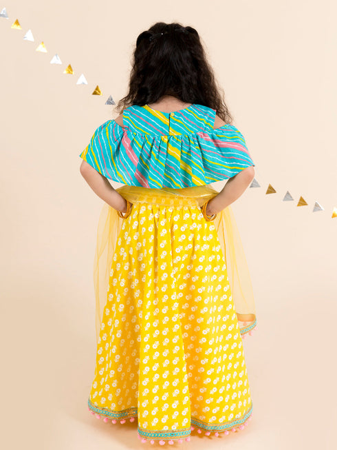 Girls Yellow Turquoise Blue Printed Ready To Wear Lehenga Blouse With Dupatta